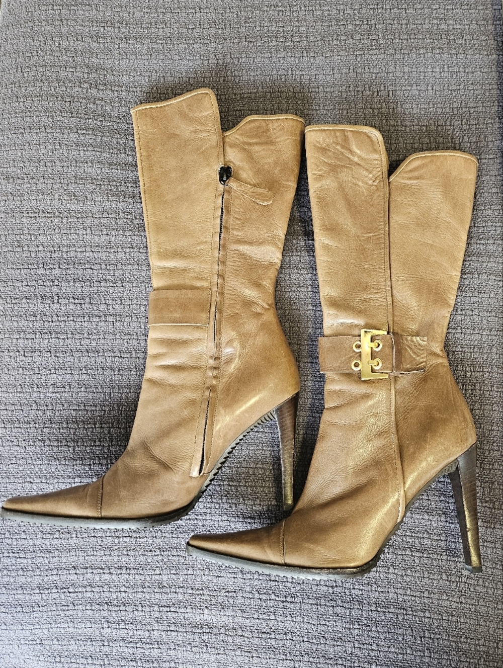 Vicini Tan Tall Heeled Boots Gold Hardware Knee High Italian Leather Size 39